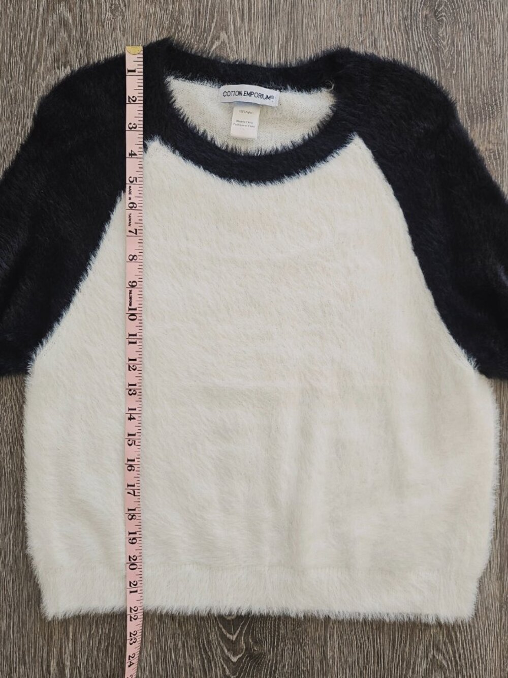 Cotton Emporium Fuzzy Knit Sweater Black White Raglan Soft Top L NWOT - Picture 8 of 10